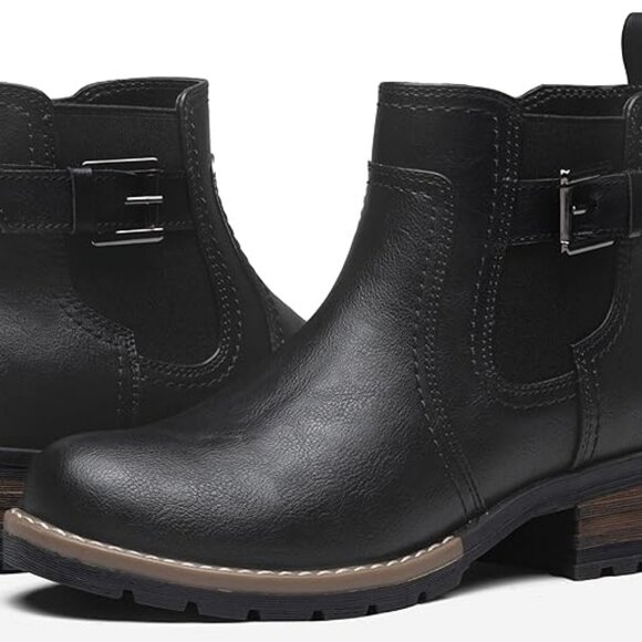 Black Ankle Boots 8.5 - 9 Booties Shoes Moto Short Chelsea Low Heel Faux Leather - Picture 2 of 7